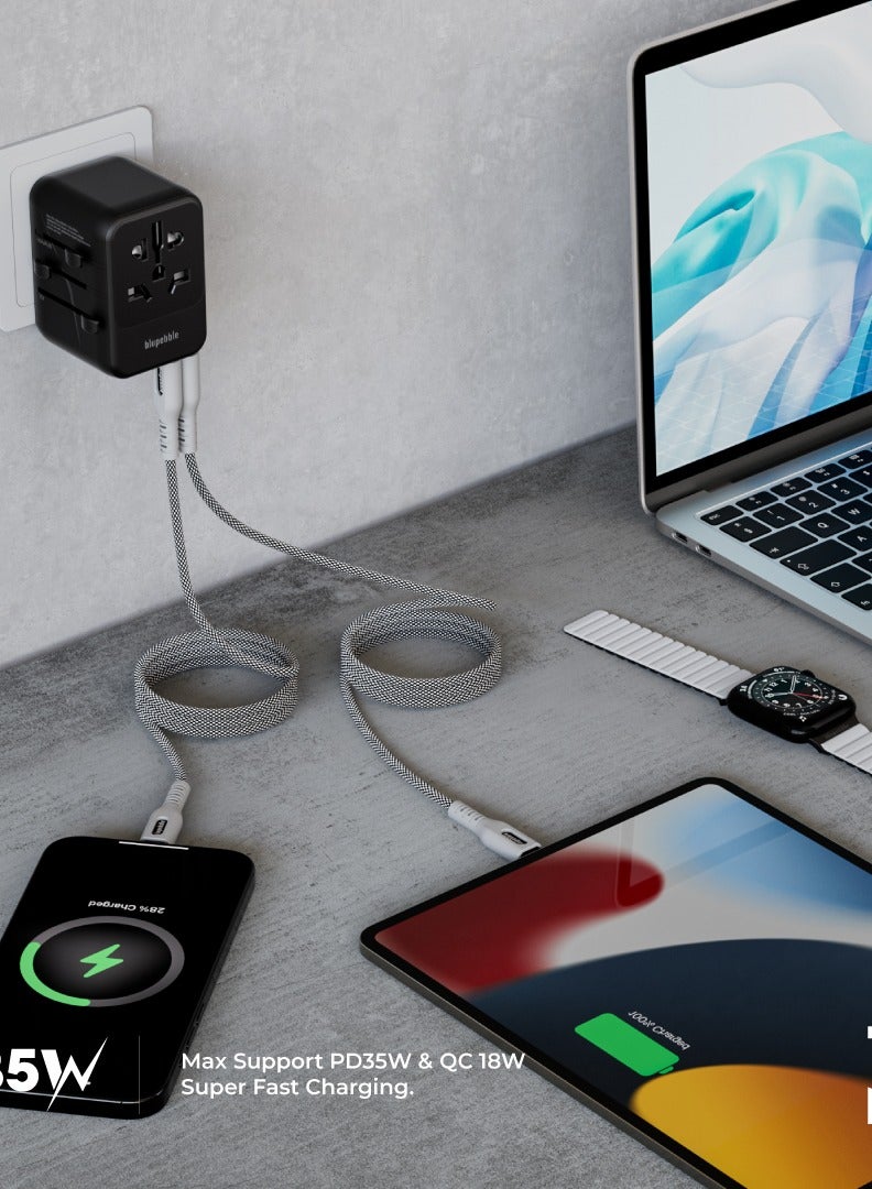 blupebble Passport 5 GaN III World Travel Adapter | 35W QC 3.0 Fast Charger with 3 USB-C & 2 USB-A | Universal Plug for USA, UK, EU, AU | Compatible with iPhone, Laptop, Tablets - Image 5