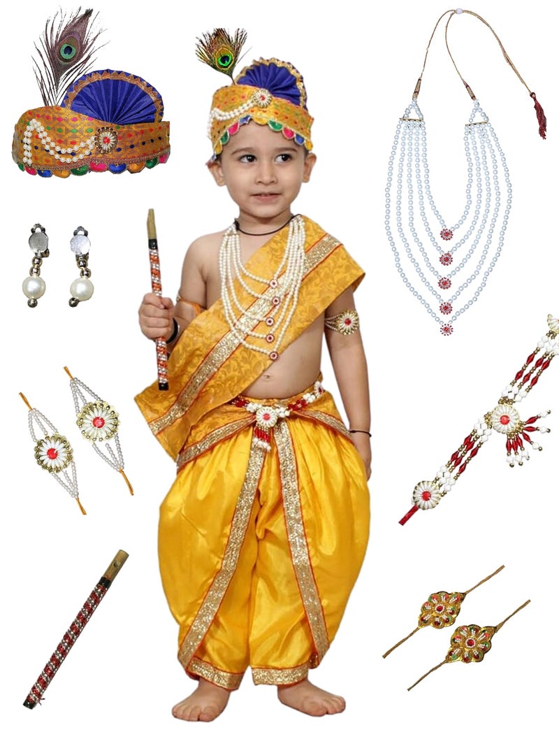 Kaku Fancy Dresses أزياء كاكو الفاخرة زي كريشنا للأطفال الرضع فستان كريشنا للأولاد (دھوتي أصفر، باتكا (شال)، حزام، موكوت قماش، لؤلؤة طبقة مالا، باجوباند، أقراط، بانسوري وموربانخ) - Image 5