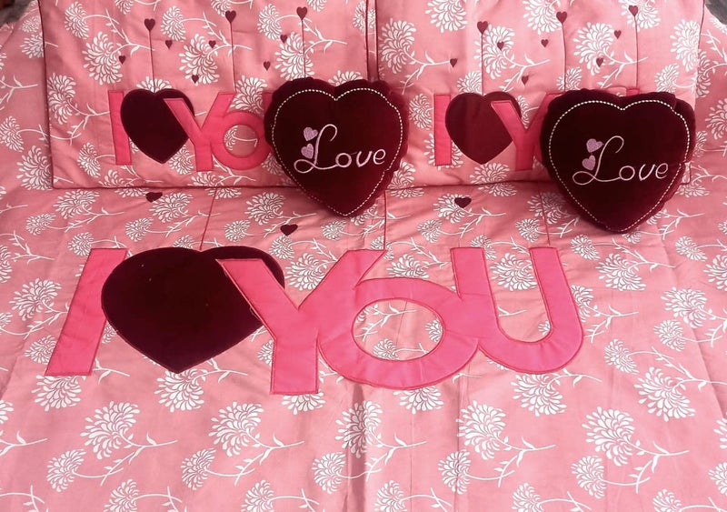 PRISCILLA Designer I Love You Patch Cotton Double Bedsheet for Couples with 2 Pillow Covers and 2 Heart Cushion Red - Image 2