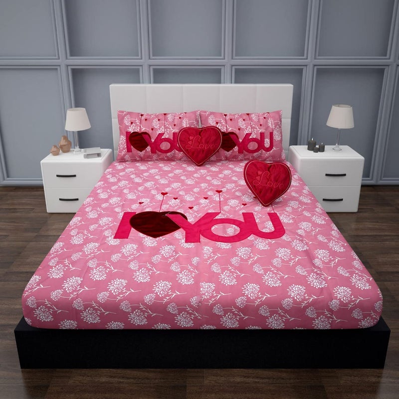 PRISCILLA Designer I Love You Patch Cotton Double Bedsheet for Couples with 2 Pillow Covers and 2 Heart Cushion Red - Image 1