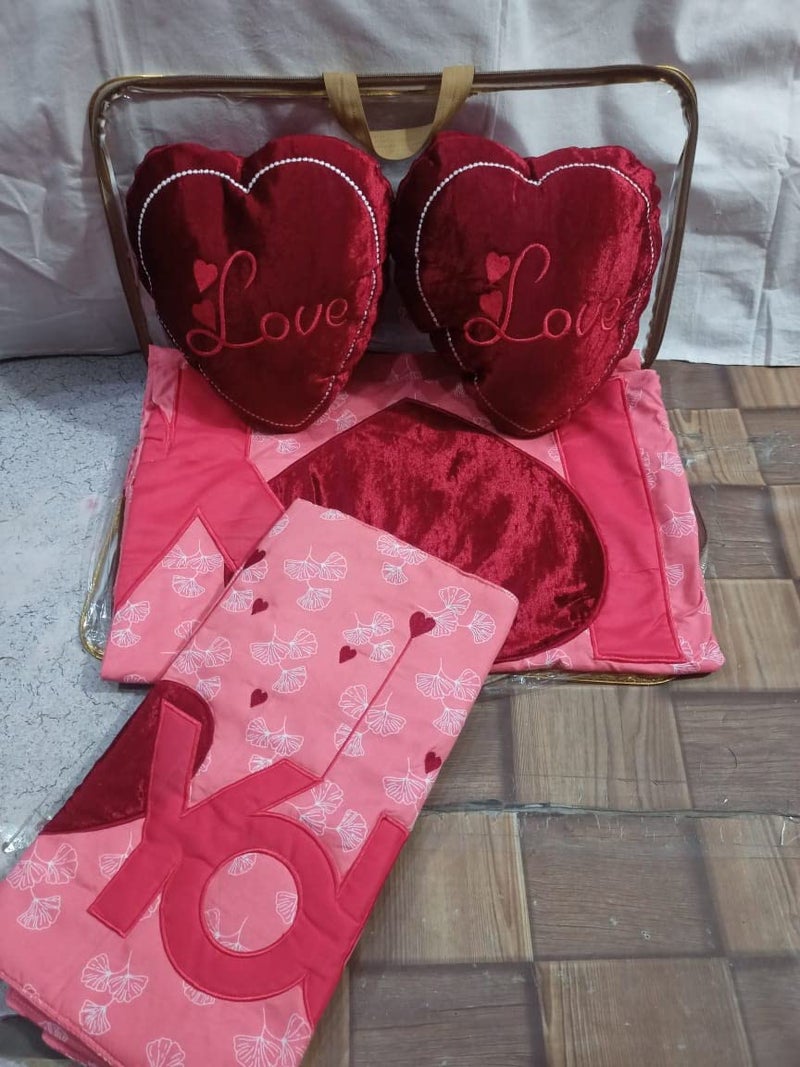 PRISCILLA Designer I Love You Patch Cotton Double Bedsheet for Couples with 2 Pillow Covers and 2 Heart Cushion Red - Image 3