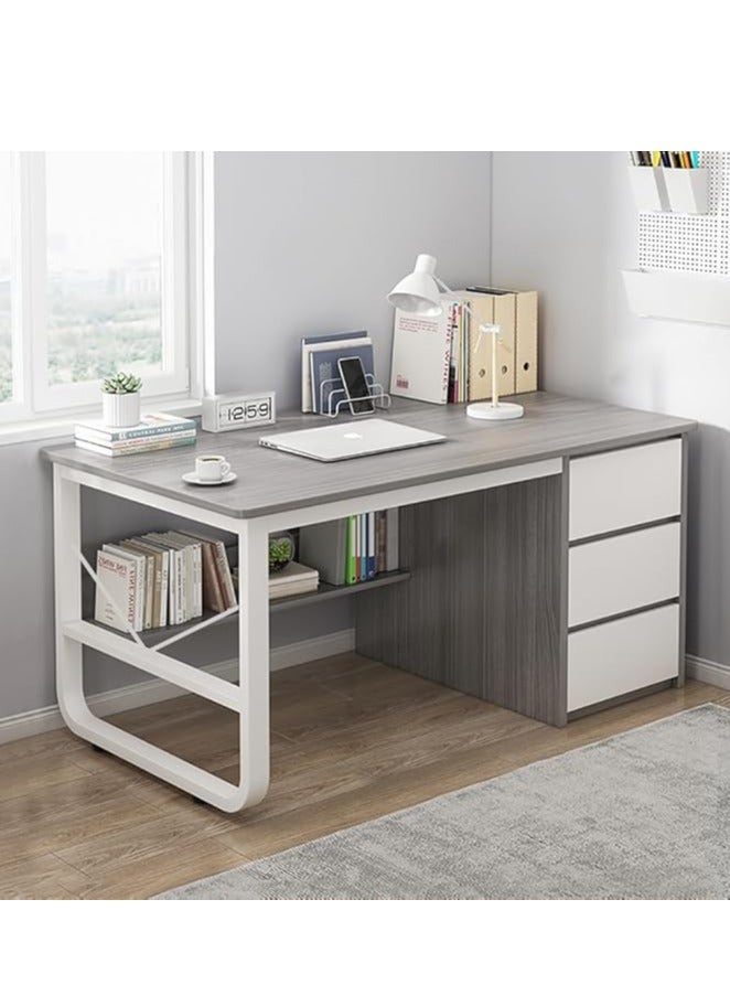 مكتب، طاولة كمبيوتر خشبية مع 3 أدراج ورف كتب، إطار معدني عصري، طاولة عمل منزلية، طاولة كمبيوتر محمول للدراسة والعمل والكتابة والقراءة (رمادي 100*50 سم) - Image 2