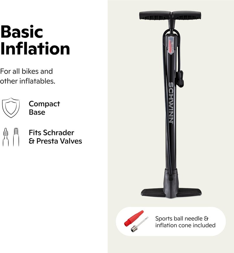 SCHWINN Air Center Series or Basic Floor Pump, for a Range of Bikes, 100, 120 or 160 PSI, Soft Grip Handle, Dual Head for Schrader and Presta Valves, Manual Air Pump - Image 1