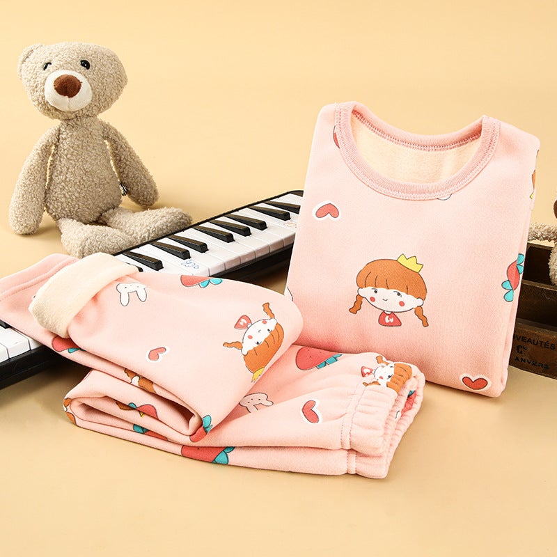 Children'S Thermal Underwear Children'S Wear Fleece-Lined Thickened Suit Boys' Autumn Clothes Long Trousers Girls' Winter Clothes Base Two-Piece Fashionable Suit - Image 1