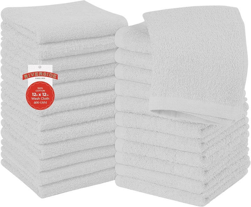 Riverside 24 Pack Washcloths Set - 100% Cotton [12x12 Inches] - Soft, Quick-Dry & Highly Absorbent Face Towels - Perfect for Bathroom, Gym, Hotel, Spa & Travel - White - Image 1