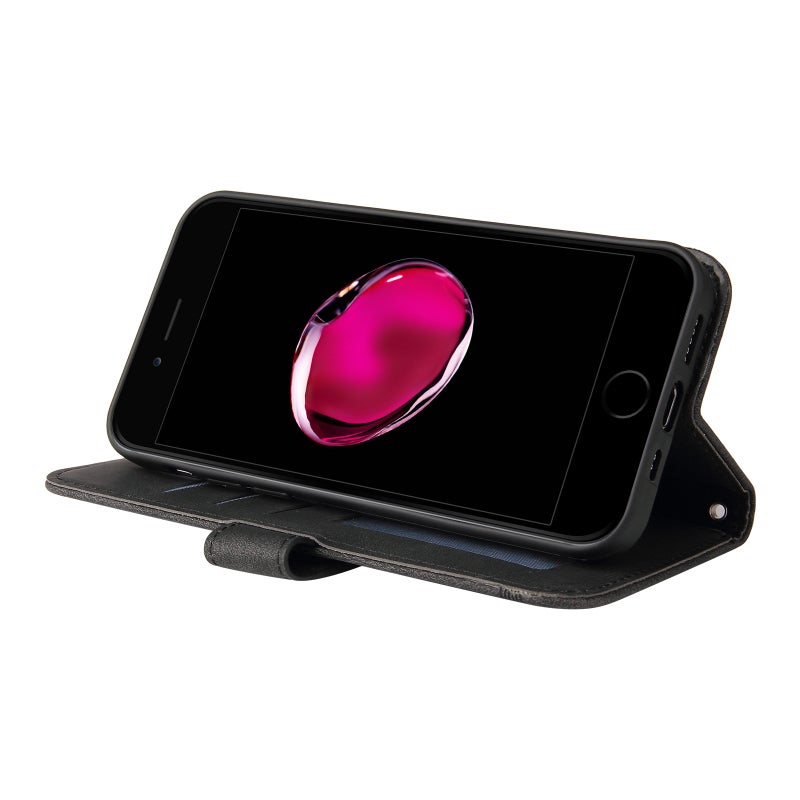 BURAQ Case Cover For iPhone SE 2022 / SE 2020 / 8 / 7 Skin Feel Life Tree Metal Button Horizontal Flip Leather Case with Holder & Card Slot & Wallet & Photo Frame & Strap(Black) - Image 5