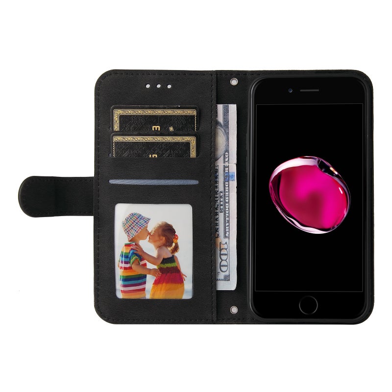 BURAQ Case Cover For iPhone SE 2022 / SE 2020 / 8 / 7 Skin Feel Life Tree Metal Button Horizontal Flip Leather Case with Holder & Card Slot & Wallet & Photo Frame & Strap(Black) - Image 4