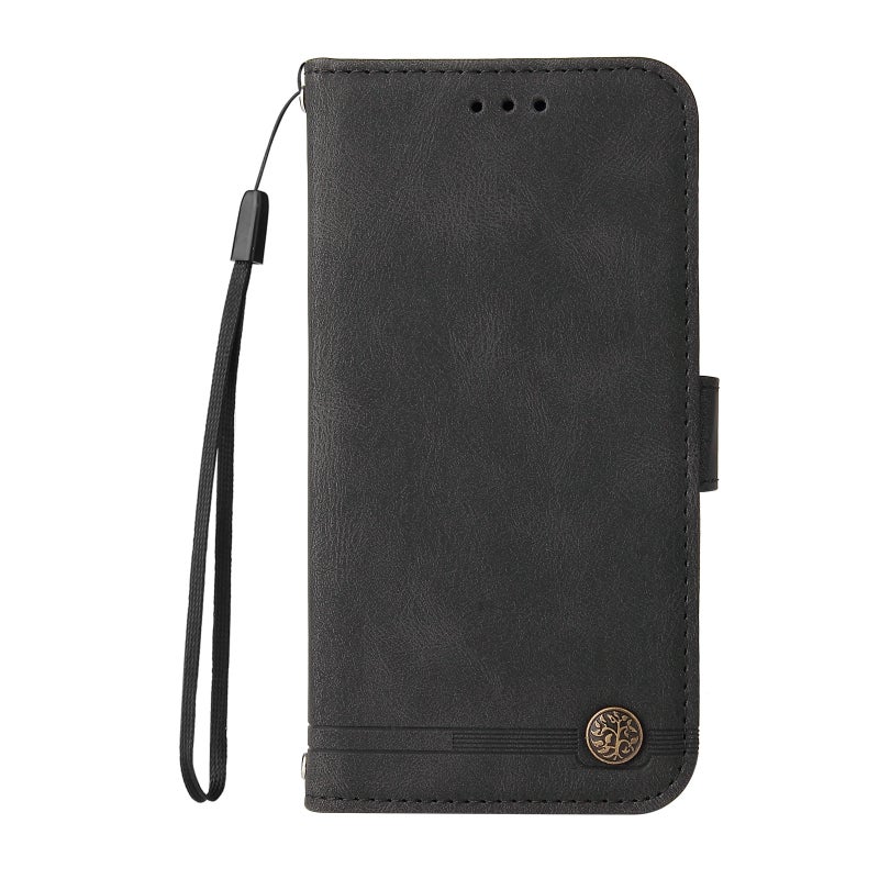 BURAQ Case Cover For iPhone SE 2022 / SE 2020 / 8 / 7 Skin Feel Life Tree Metal Button Horizontal Flip Leather Case with Holder & Card Slot & Wallet & Photo Frame & Strap(Black) - Image 2