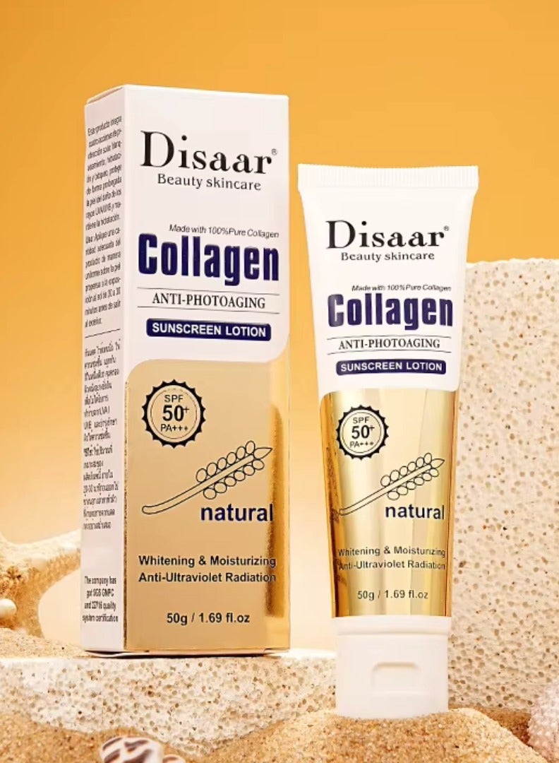 Disaar 50g Collagen Photoaging Sunscreen Lotion Natural Moisturizing UV Protection Skin Care Whitening SPF 50 Anti Sun UV Sunscreen Cream Lotion Anti sun cream Lotion Collagen Sunscreen Lotion - Image 1