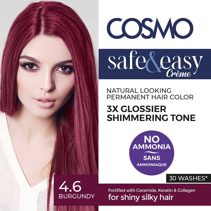 COSMO Safe & Easy No Ammonia 4.6 Burgundy Permanent Intense Creme Hair Color Kit - Rich Pigment Formula for Vibrant, Fade-Resistant Results – Gentle, Nourishing Ingredients for Smooth, Healthy-Looking Hair, 3X Glossier Shimmering Tone - Image 2