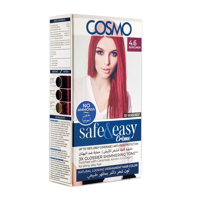 COSMO Safe & Easy No Ammonia 4.6 Burgundy Permanent Intense Creme Hair Color Kit - Rich Pigment Formula for Vibrant, Fade-Resistant Results – Gentle, Nourishing Ingredients for Smooth, Healthy-Looking Hair, 3X Glossier Shimmering Tone - Image 1