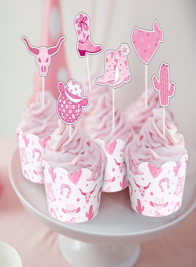 Widecook 96 Pcs Cowgirl Cupcake Toppers and Wrappers Western Cowgirl Theme Cake Decorations Pink Disco Western Rodeo Cupcake Picks and Liners for Baby Shower Birthday Party Supplies - Image 3