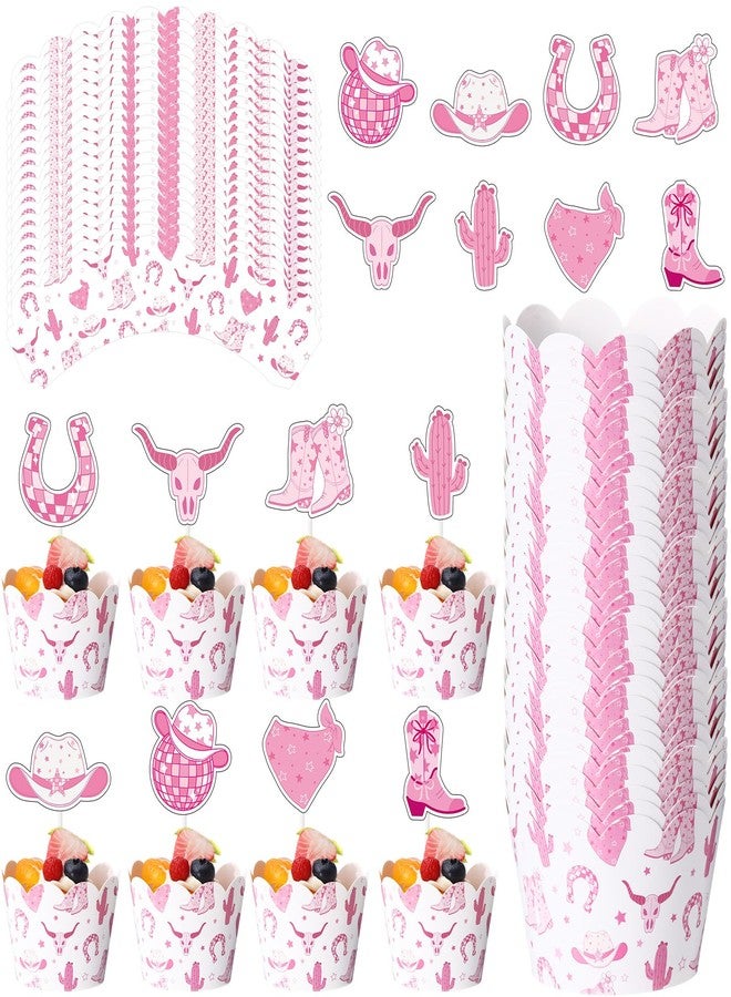 Widecook 96 Pcs Cowgirl Cupcake Toppers and Wrappers Western Cowgirl Theme Cake Decorations Pink Disco Western Rodeo Cupcake Picks and Liners for Baby Shower Birthday Party Supplies - Image 1
