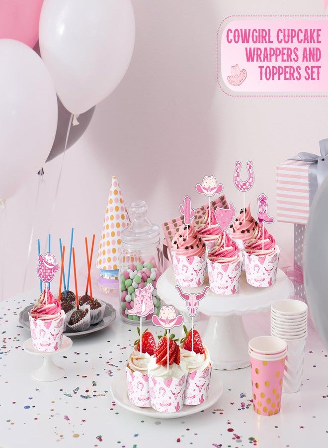 Widecook 96 Pcs Cowgirl Cupcake Toppers and Wrappers Western Cowgirl Theme Cake Decorations Pink Disco Western Rodeo Cupcake Picks and Liners for Baby Shower Birthday Party Supplies - Image 4