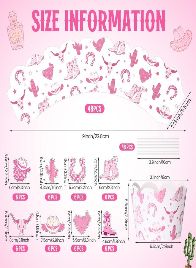 Widecook 96 Pcs Cowgirl Cupcake Toppers and Wrappers Western Cowgirl Theme Cake Decorations Pink Disco Western Rodeo Cupcake Picks and Liners for Baby Shower Birthday Party Supplies - Image 2