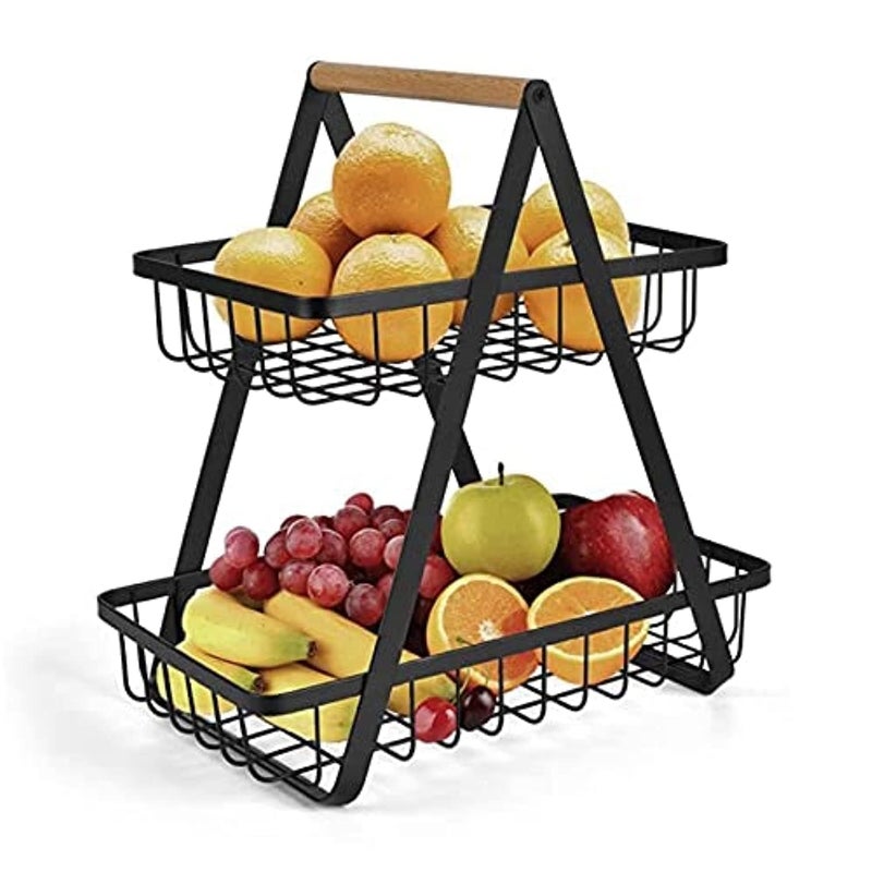 HENIRAG 2Tier Countertop Fruit Basket Fruit Bowl Bread Basket Vegetable Holder for Kitchen Storage Rack Black Iron - Image 1
