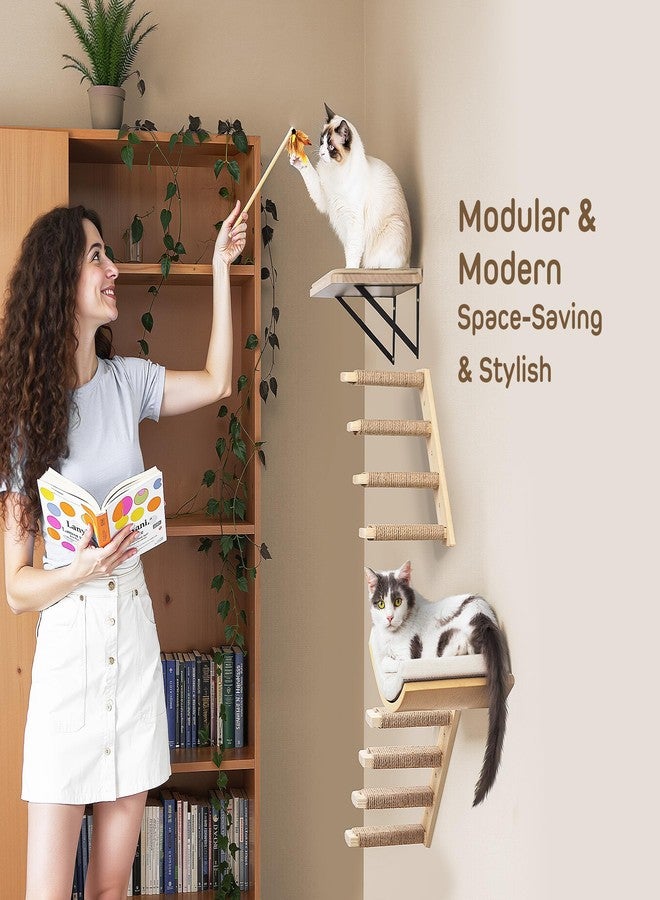 PELUOMOZ Cat Wall Shelves with Cats Window Perch – 4-Piece Wooden Cat Climbing Furniture Set with Soft Foam Curved Bed, Flat Shelf & 2 Wall 4-Steps Ladders - Image 2