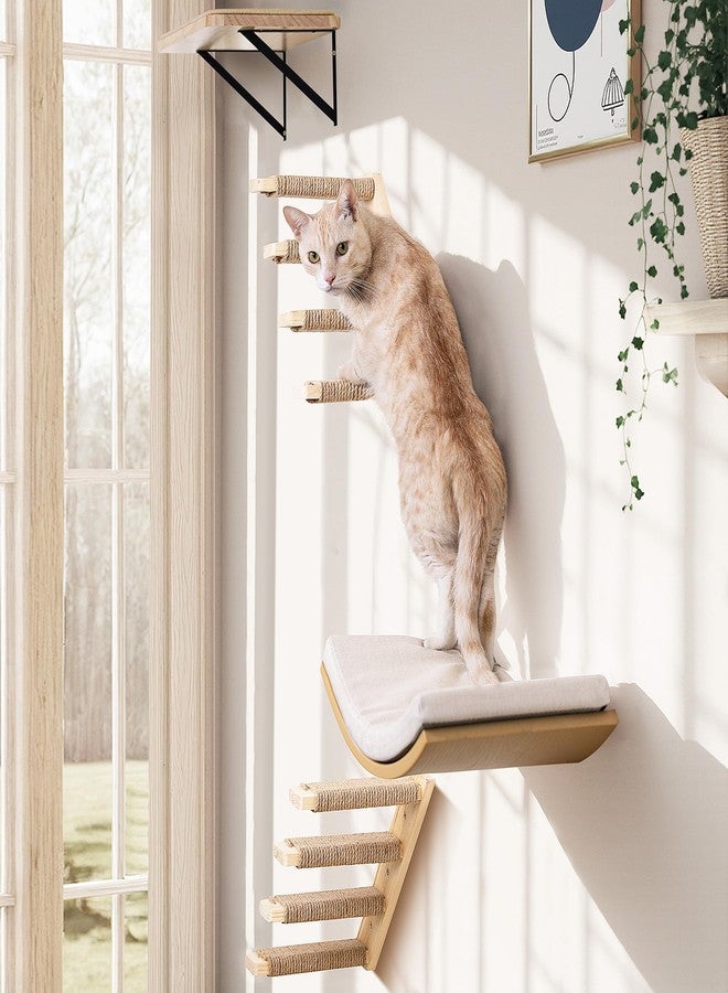 PELUOMOZ Cat Wall Shelves with Cats Window Perch – 4-Piece Wooden Cat Climbing Furniture Set with Soft Foam Curved Bed, Flat Shelf & 2 Wall 4-Steps Ladders - Image 1