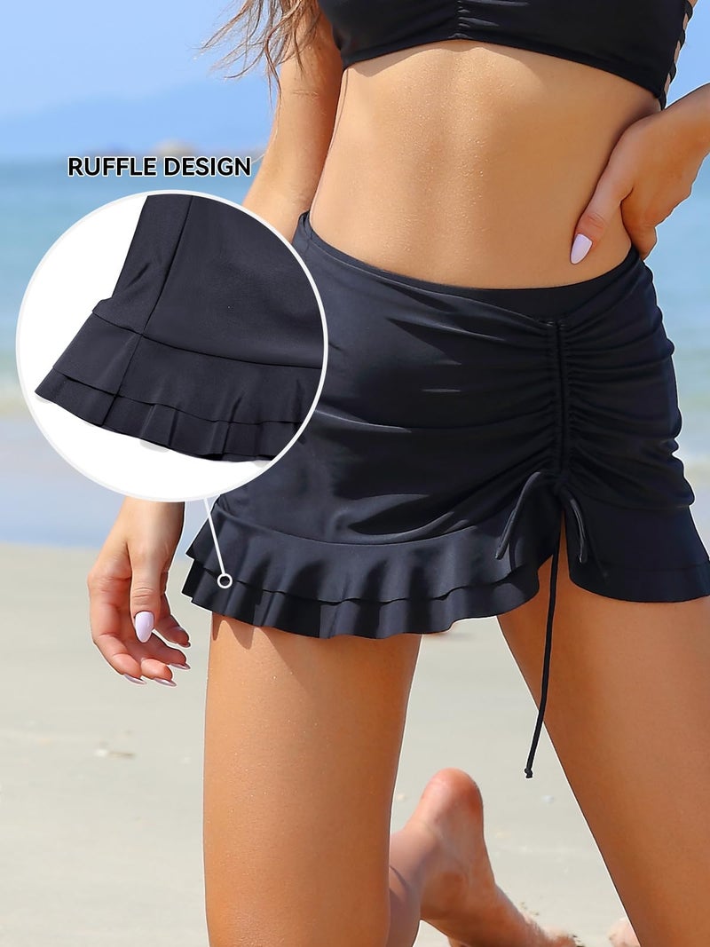 SHEKINI Women's Swimdress Ruffle Swim Skirt High Waist Side Pull Tie Swimsuit Bottom (Black, Medium) - Image 5