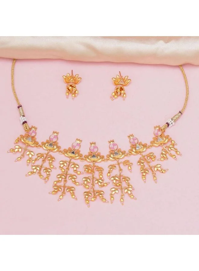 VOYLLA VOYLLA Festive Hues Brass Embellished Long Fusion Pink Necklace Set