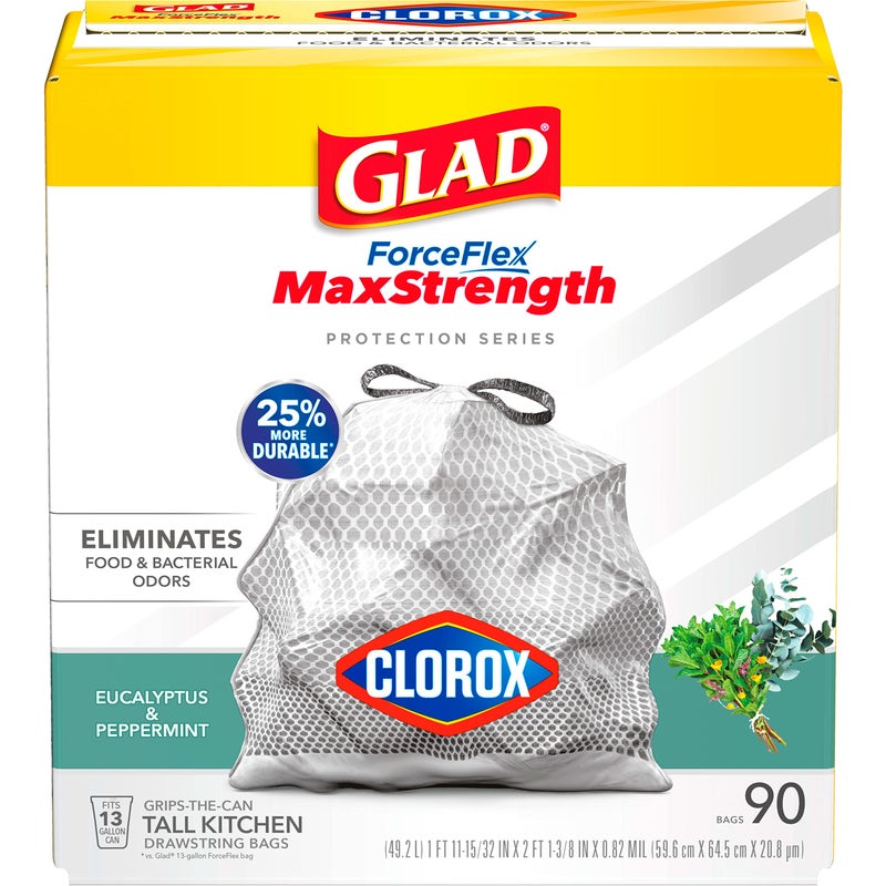 Glad Tall Kitchen Trash Bags 13 Gallon, MaxStrength Eucalyptus and Peppermint Garbage Bags, Drawstring, 90 Count - Image 1
