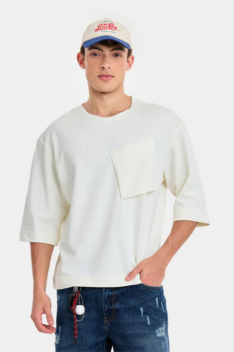 سنيتش Off-white Solid Elbow Length Sleeve Oversized T-Shirt