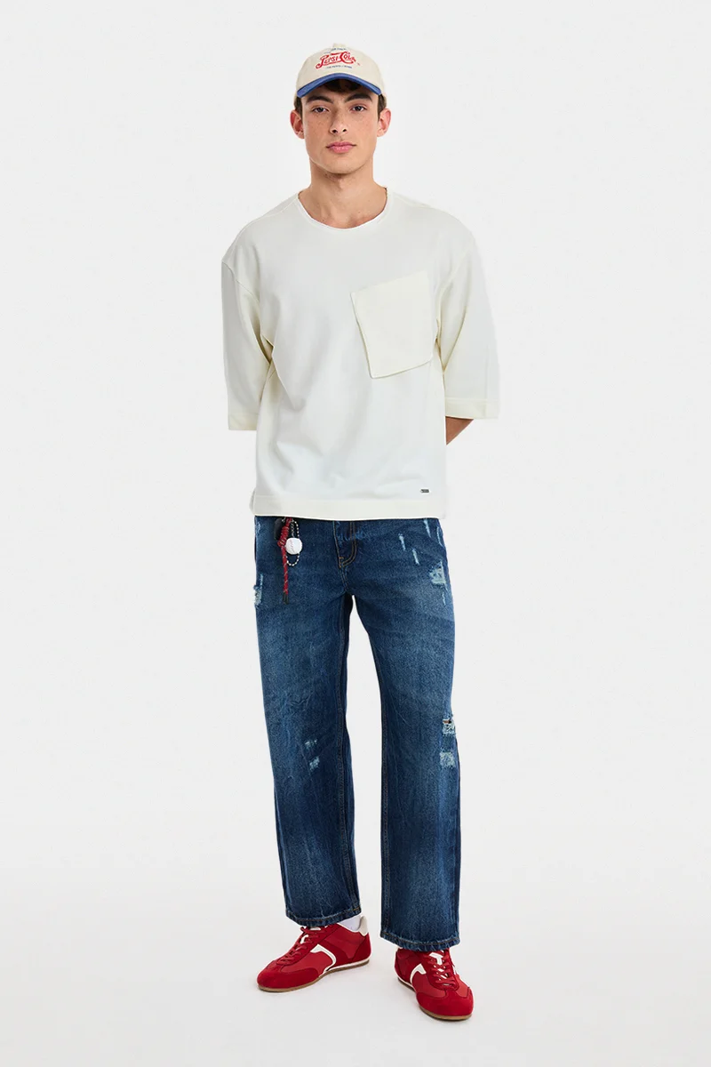 سنيتش Off-white Solid Elbow Length Sleeve Oversized T-Shirt