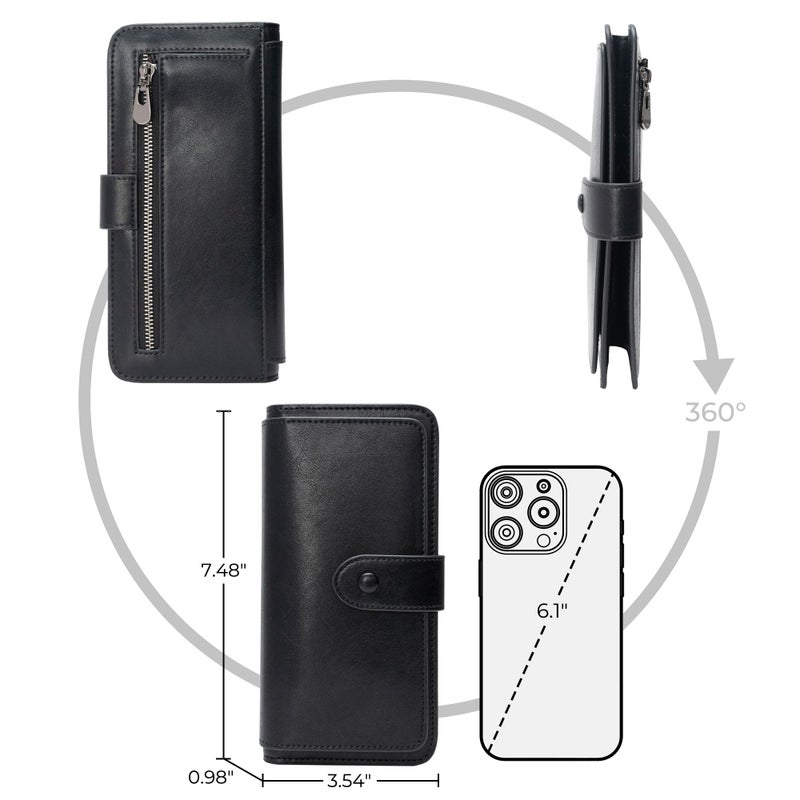 Alldaily RFID Blocking Leather Wallet for Women, Slim Trifold with 14 Card Slots and Zipper Pocket (Black) - Image 4