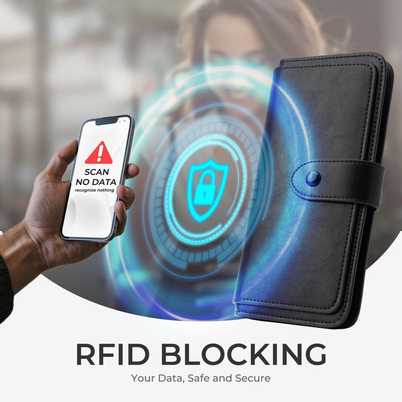 Alldaily RFID Blocking Leather Wallet for Women, Slim Trifold with 14 Card Slots and Zipper Pocket (Black) - Image 3