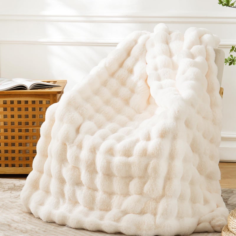 BENVWE Faux Fur Throw Blanket for Couch Bed  Fluffy Soft Thick Bubble Blanket for Living Room Home Decor  Mothers Day Birthday Gifts for Women Cream White 63 x 80