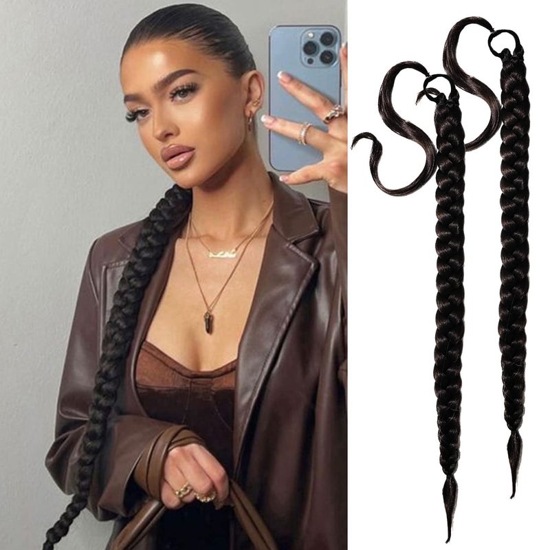 shufang 2 Packs Black Long Braided Ponytail Extension For Black Women Soft Synthetic Hair Piece For Women with Hair Tie Straight Wrap Around Ponytail Braided Hair Extensions pre Stretched 30 Inch - Image 1