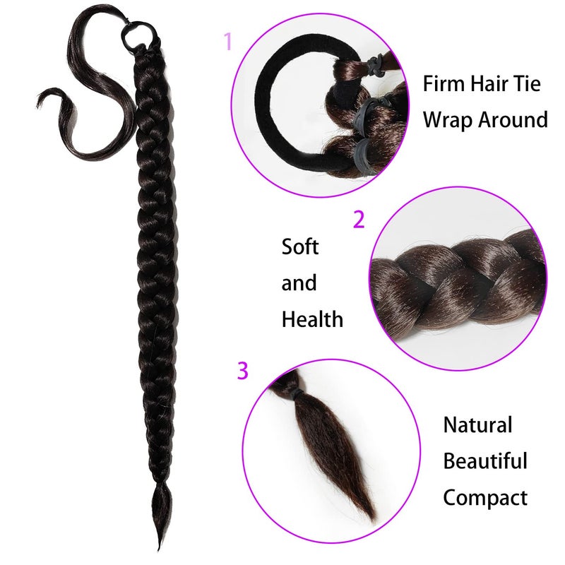 shufang 2 Packs Black Long Braided Ponytail Extension For Black Women Soft Synthetic Hair Piece For Women with Hair Tie Straight Wrap Around Ponytail Braided Hair Extensions pre Stretched 30 Inch - Image 3