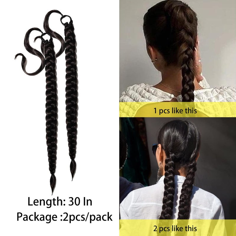 shufang 2 Packs Black Long Braided Ponytail Extension For Black Women Soft Synthetic Hair Piece For Women with Hair Tie Straight Wrap Around Ponytail Braided Hair Extensions pre Stretched 30 Inch - Image 2