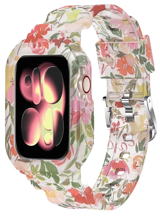 XYF Compatible for Crystal Clear Apple Watch Bands, 41mm 40mm 38mm Bumper Case for Men Women Jelly Sport Cover Strap for iWatch Ultra 3 2 Series 11 10 9 8 7 SE 6 5 4 3 (Floral Red, 38/40/41) - Image 1