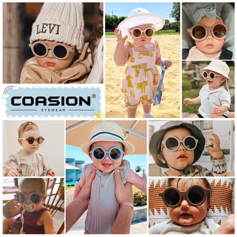 COASION نظارات شمسية مستديرة للأطفال من COASION مع عدسات قطبية وأشرطة مرنة للأطفال حديثي الولادة والأطفال بعمر 0-24 شهرًا (أسود/رمادي + أبيض/بني + أخضر/بني) - Image 2
