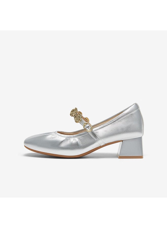 BASTO Baisitu 25 Spring Mall Same Retro Commuting Mary Jane Shoes Chunky Heel Women's Single Shoes A1622aq5 Silver 36 - Image 1