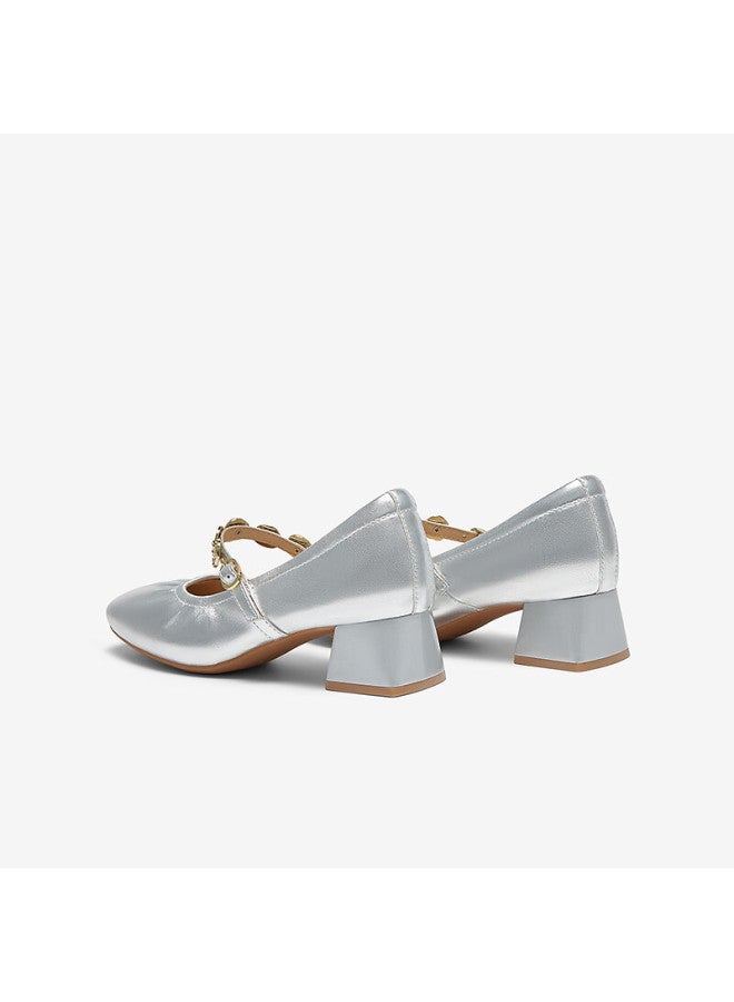 BASTO Baisitu 25 Spring Mall Same Retro Commuting Mary Jane Shoes Chunky Heel Women's Single Shoes A1622aq5 Silver 36 - Image 3