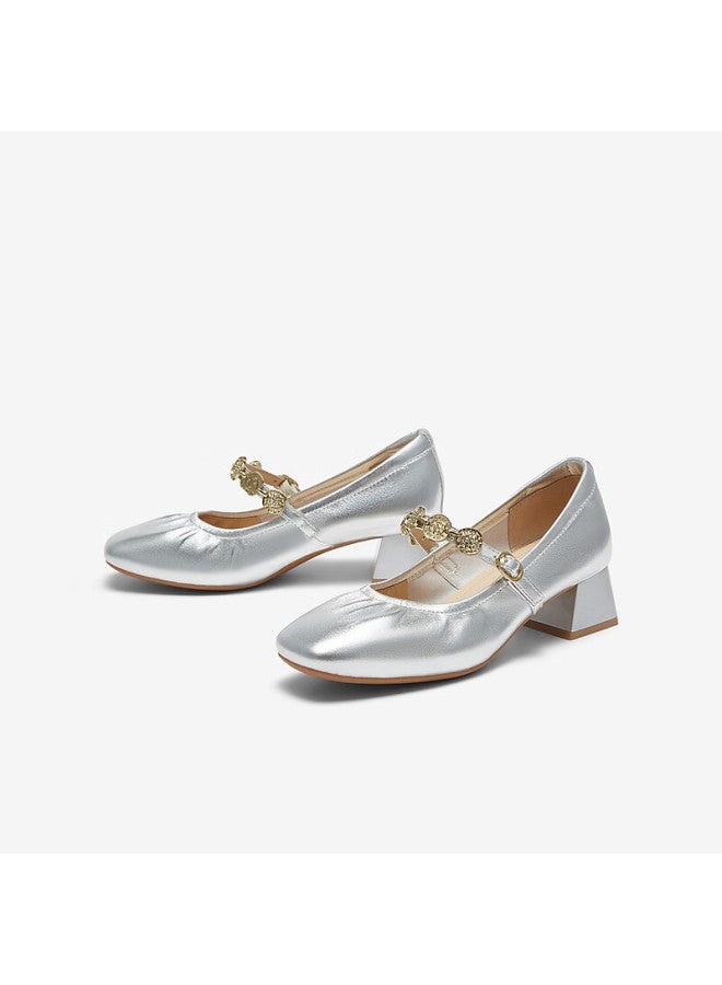 BASTO Baisitu 25 Spring Mall Same Retro Commuting Mary Jane Shoes Chunky Heel Women's Single Shoes A1622aq5 Silver 36 - Image 4