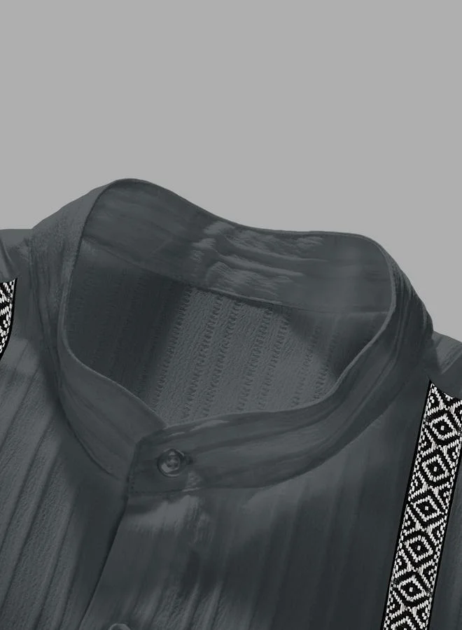 Take Two Grey Men Grey Jacquard Stand Collar Short Sleeve Button Front Shirt and Pants Co-Ords for Men | Best Price UAE