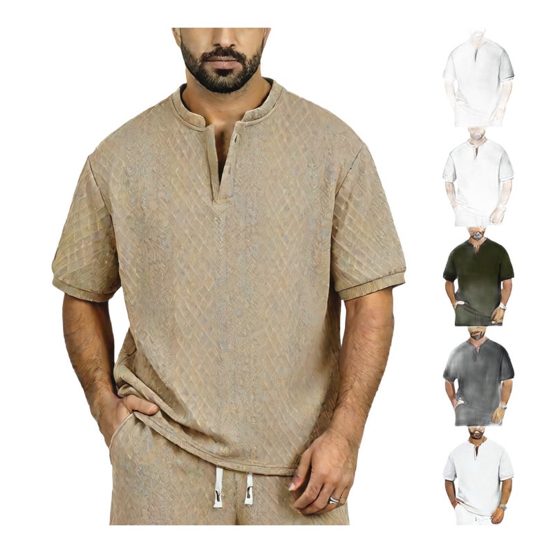 Mens Knitted Jacquard Henley Shirt Short Sleeve Summer Button Top - Image 1