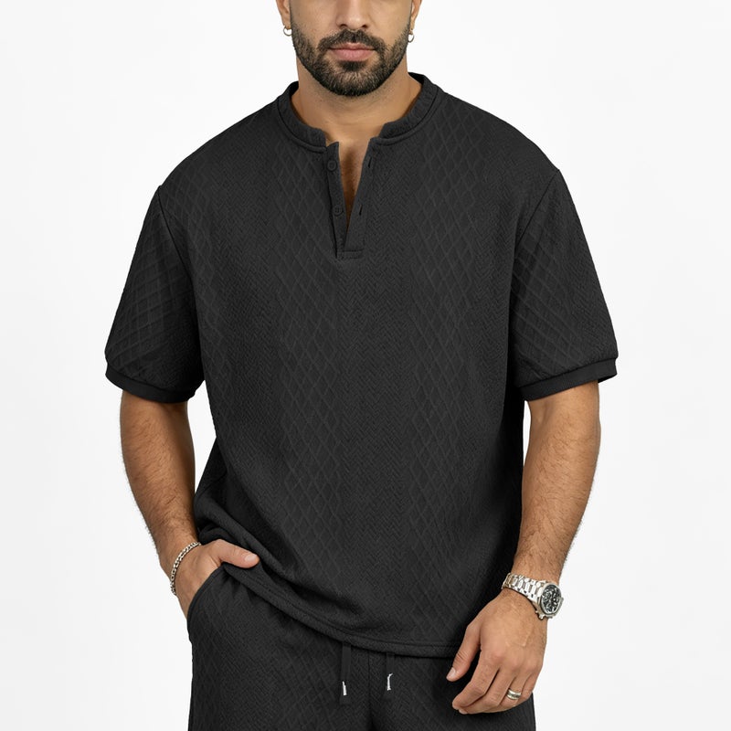 Mens Knitted Jacquard Henley Shirt Short Sleeve Summer Button Top - Image 3
