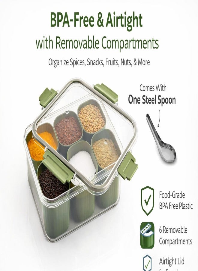 Joystick Multipurpose 6-in-1 Masala Box for Kitchen BPA-Free Plastic 6-Section Storage Container | Transparent Airtight Lid | Food-Grade Organizer for Spices Dry Fruits Snacks | (Pack Of 1) (Green) - Image 5