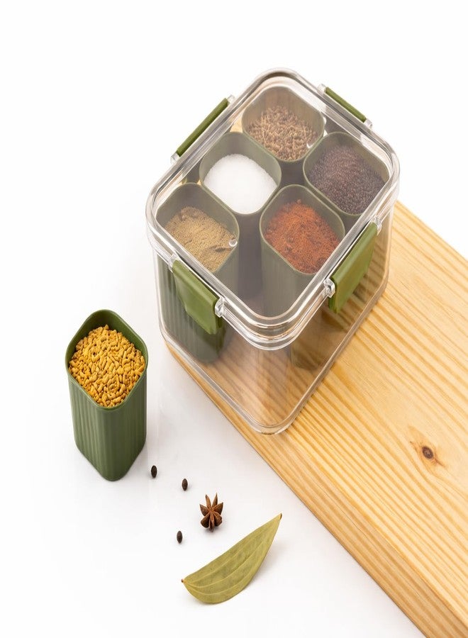 Joystick Multipurpose 6-in-1 Masala Box for Kitchen BPA-Free Plastic 6-Section Storage Container | Transparent Airtight Lid | Food-Grade Organizer for Spices Dry Fruits Snacks | (Pack Of 1) (Green) - Image 2