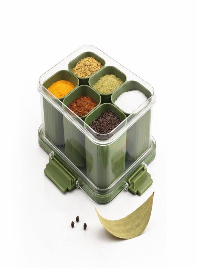 Joystick Multipurpose 6-in-1 Masala Box for Kitchen BPA-Free Plastic 6-Section Storage Container | Transparent Airtight Lid | Food-Grade Organizer for Spices Dry Fruits Snacks | (Pack Of 1) (Green) - Image 1