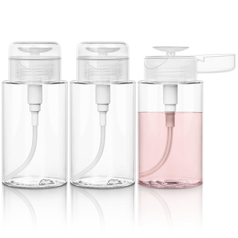 3 Pack Push Down Pump Bottle Dispenser for Makeup Remover Facial Toner Micellar Water Alcohol Nail Polish Remover Empty Push Top Bottles Containers 67oz200ML
