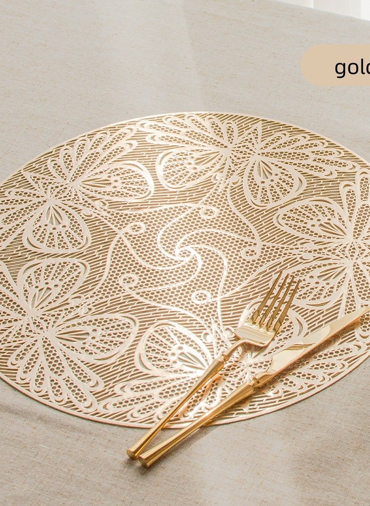 6 pieces of European hot stamping placemats, environmentally friendly PVC table mats, insulation pads, washable restaurant hollow Western placemats - gold 38CM - Image 1