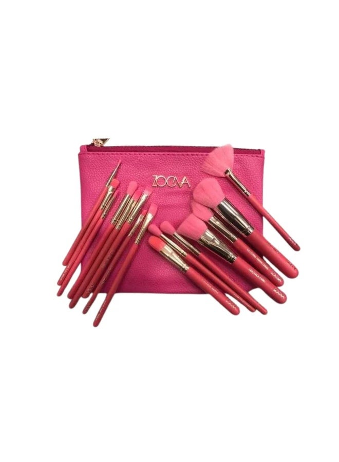 زويفا مجموعة فرش مكياج احترافية من 15 قطعة مع حقيبة سفر - مجموعة فرش تجميل كاملة للوجه للأساس وظلال العيون وأحمر الخدود والكونتور والمزيد - شعيرات صناعية ناعمة - Image 1