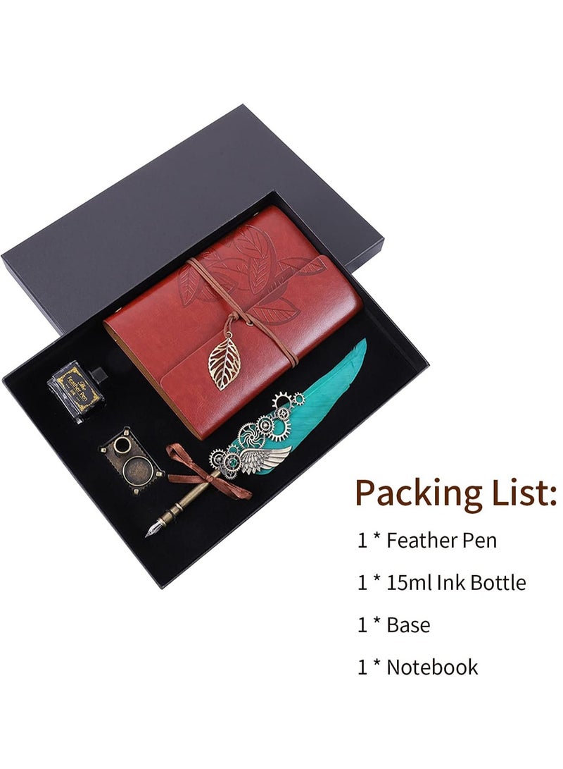 Feather Pen and Ink Set Notebook Retro Vintage Quill Pen Calligraphy Writing Signature Dip Pen Fountain Pen with Notebook Pen Holder Birthday Gift for Student Friends