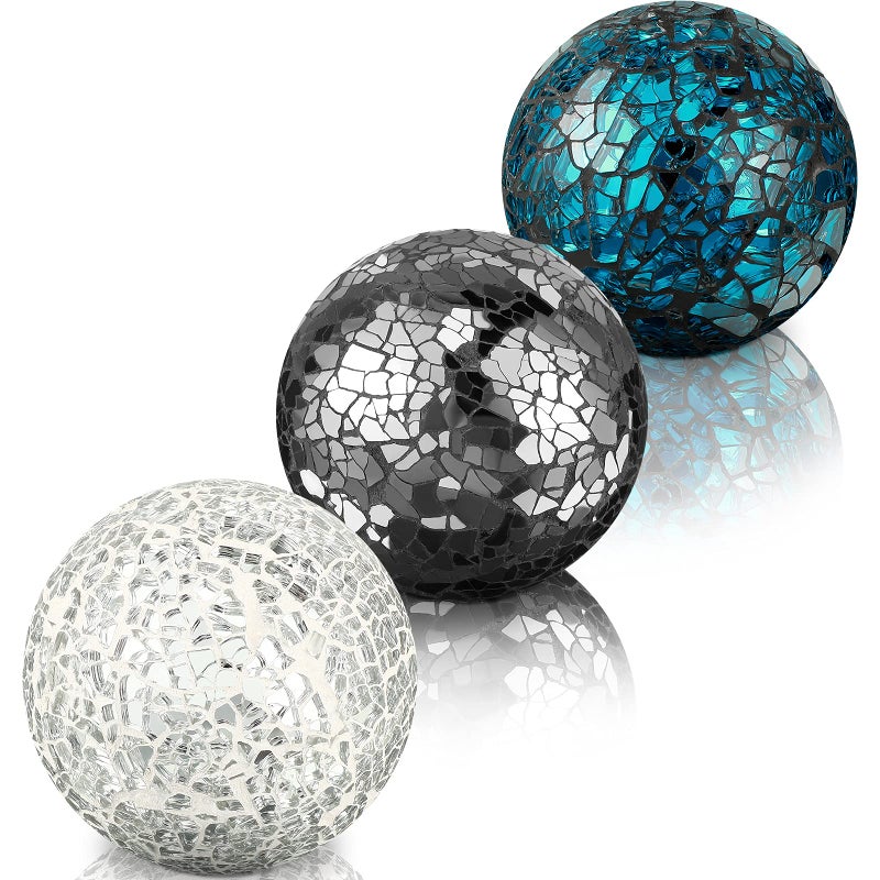 Cunhill 3 Pieces Decorative Glass Balls 3 Inch Mosaic Glass Orbs Sphere Centerpiece Balls Decorative for Bowls Vases Dining Tables Wedding Party SilverTurquoiseBlack