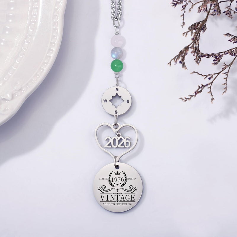 Yiyang 50th Birthday Gifts for Her Women Him Men Car Mirror Hanging Accessories Decor Vintage 1976 50th Birthday Decorations for Women Men Wife Husband Protection Rear View Mirror Accessories Crystal Beads - Image 2